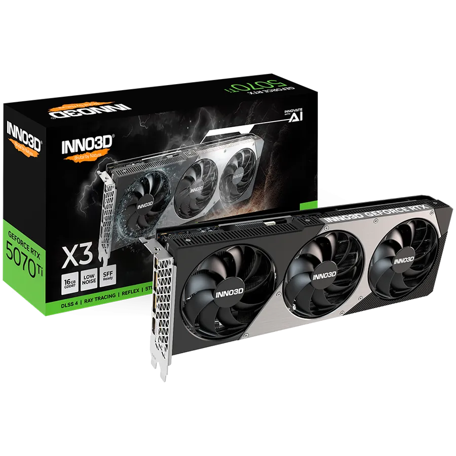 INNO3D NVIDIA RTX 5070 Ti X3 OC 16GB GDDR7 256 bit, 2482MHz / 28Gbps, 3x DP, 1x HDMI, 3 fan 2 slots Slika 1