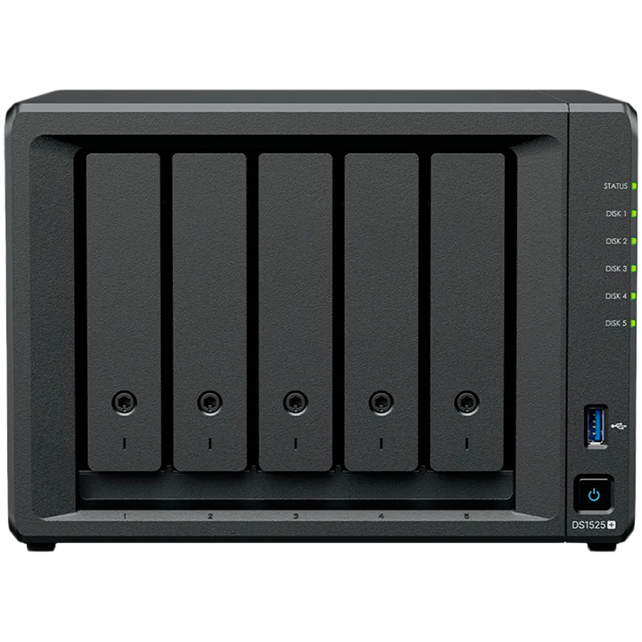 Synology DiskStation DS1525+ Tower, 5-Bays 3.5'' SATA HDD/SSD, 2 x M.2 2280 NVMe SSD slot, CPU AMD Ryzen V1500B 4-core 2.2 GHz, 8 GB DDR4 ECC SODIMM, 2x RJ-45 2.5 GbE LAN Port; 2x USB 3.2; 1 xUSB Type-C expansion port; 2.67 kg; 3yr warranty Slika 1