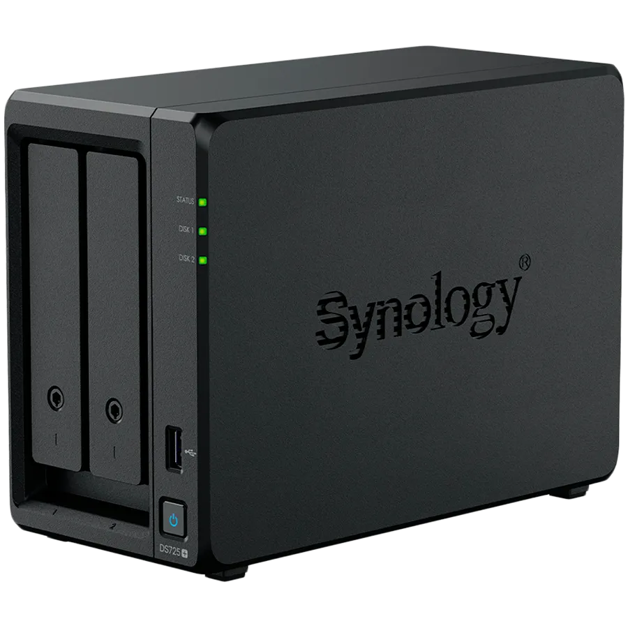 Synology DS725+, Tower, 2-Bays 3.5'' SATA HDD/SSD, 2 x M.2 2280 NVMe SSD, CPU AMD Ryzen R1600 dual-core (4-thread), max. boost up to 3.1 GHz, 4 GB DDR4 ECC SODIMM, 1 x 2.5 GbE, 1 x 1GbE, 1 x USB 3.2, 1 x eSATA USB-C, 1.51 kg, 3y Slika 2