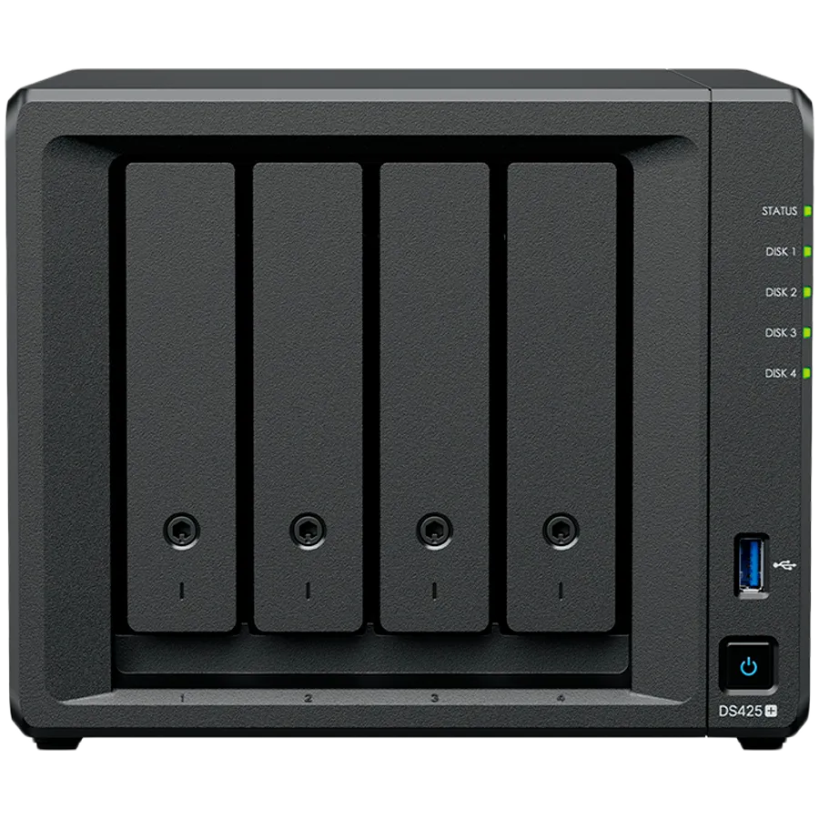 Synology DiskStation DS425+ Tower, 4-Bays 3.5'' SATA HDD/SSD, 2 x M.2 2280 NVMe SSD slot, CPU Intel Celeron J4125 4-core 2.0 GHz, 2 GB DDR4 non-ECC SODIMM, 1x RJ-45 2.5 GbE LAN, 1x RJ-45 1GbE LAN Port; 2x USB 3.2; 2.18 kg; 3yr warranty Slika 1