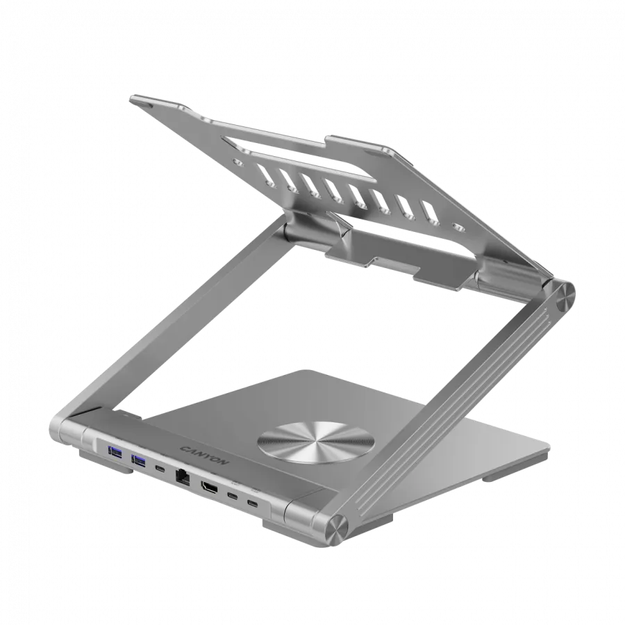 Canyon Laptop stands with hub, TYPE C F to HDMI2.0+2USB3.0+USBC3.0+RJ45+PD, TYEP C TO C cable 1m white with Emarker: HUSB332A, Material: Aluminum case+ABS+PS, Size: 245x240x27.2+/-0.3mm, Weight:1304g Slika 9