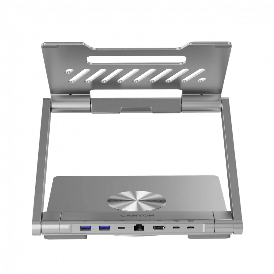 Canyon Laptop stands with hub, TYPE C F to HDMI2.0+2USB3.0+USBC3.0+RJ45+PD, TYEP C TO C cable 1m white with Emarker: HUSB332A, Material: Aluminum case+ABS+PS, Size: 245x240x27.2+/-0.3mm, Weight:1304g Slika 10