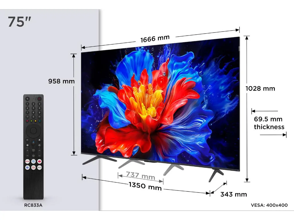 Televizor TCL 75P8K/QLED/75"/4K UHD/144Hz/Google TV/crna Slika 3