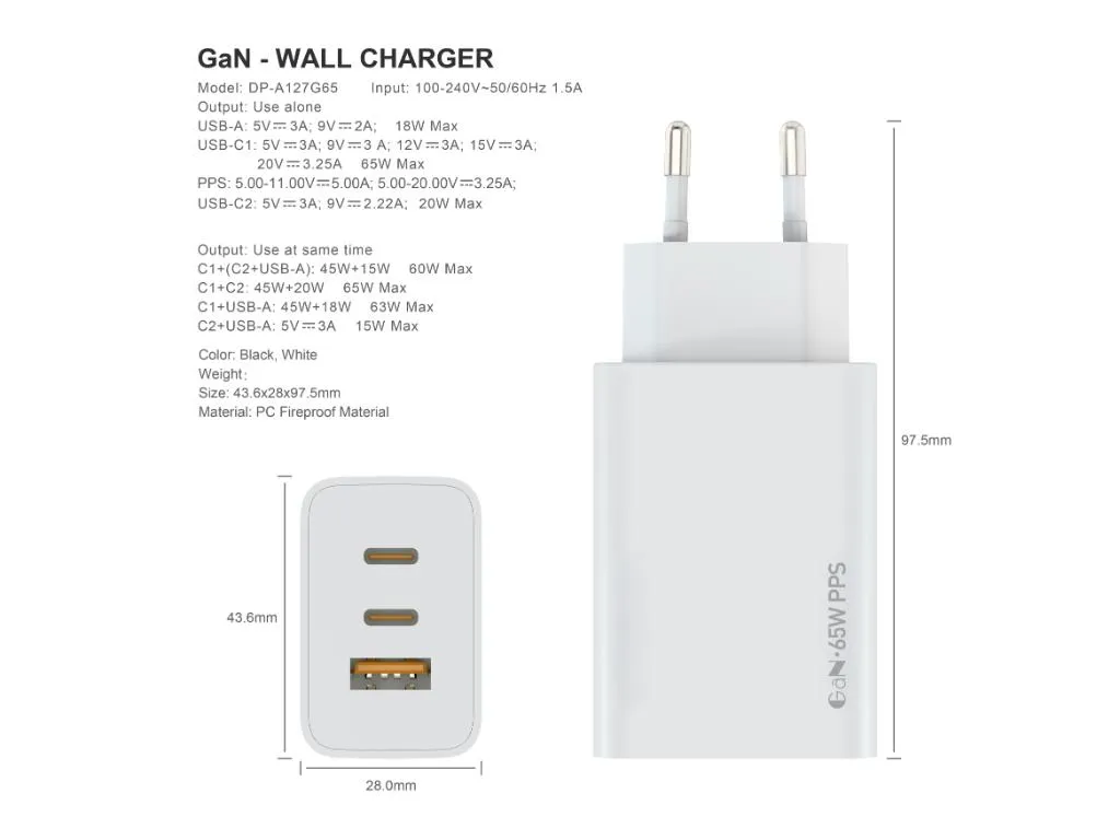 Zidni punjac FULMOVA GAN PD/65W/bela sa USB-C kablom Slika 2