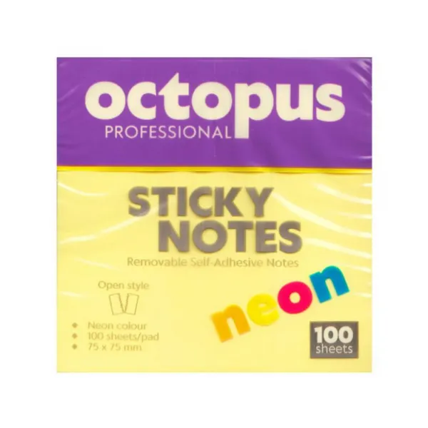 Samolepljivi blokčići 75x75 Octopus neon žuti UNL-2042 100lista Slika 1