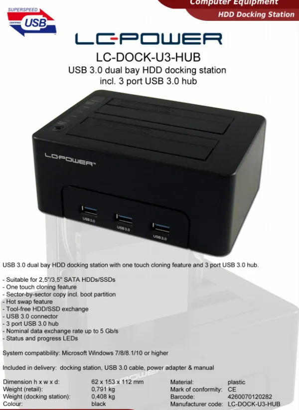 LC Power HDD D. Station dual bay LC-DOCK-U3-HUB 2xSSD/HDD, Black ,3x USB3.0 HUB Slika 2