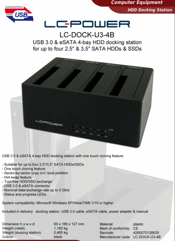 LC Power HDD D. Station 4-bay LC-DOCK-U3-4B 4xSSD/HDD, Black, USB 3.0/eSATA - Image 4