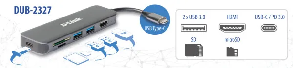 Docking D-Link DUB-2327 6in1 USB-C - HDMI/USB3.0x2/CR/PD Slika 3