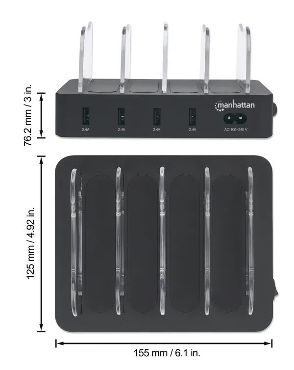 USB punjač 4-port Manhattan 102261 5V/2.4V/34W/držač za telefon Crni Slika 2