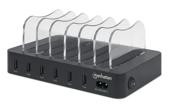 USB punjač 6-port Manhattan 102254 5V/2.4V/50W/držač za telefon Crni Slika 1