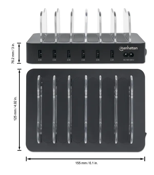 USB punjač 6-port Manhattan 102254 5V/2.4V/50W/držač za telefon Crni Slika 4