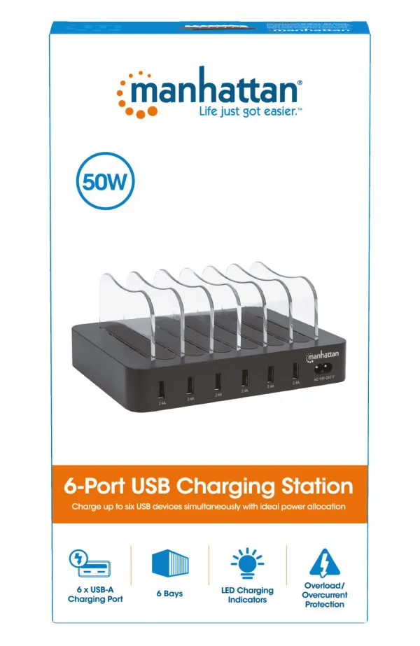 USB punjač 6-port Manhattan 102254 5V/2.4V/50W/držač za telefon Crni Slika 3