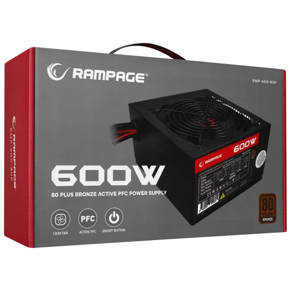 Napajanje 600W Rampage RMP-600-80P, 80Plus Bronze 12cm fan APFC - Image 2