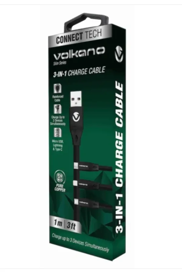 Kabl Volkano VK-20086-BK Slim Series Flat PVC 3-in-1 USB-C/Lightning/Micro Slika 2