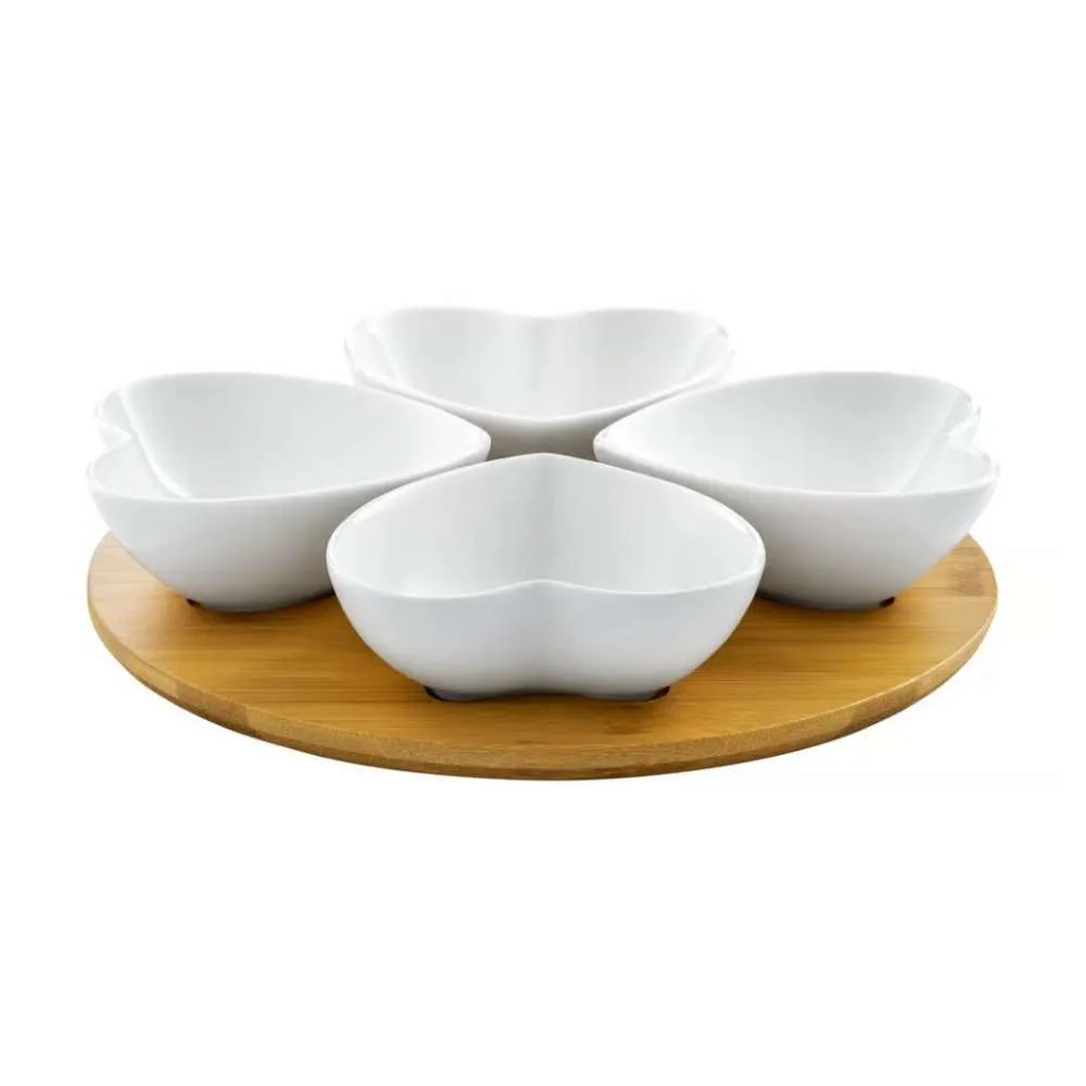 DAJAR DJ45578 PORCELANSKI SET 4 SRCE ČINIJE SA DASKOM OD BAMBUSA Slika 1