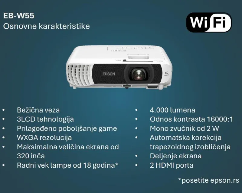 EPSON EB-W55 prenosivi Lamp Full HD 4000 ANSI lumena 16000:1 WiFi projektor  Slika 6