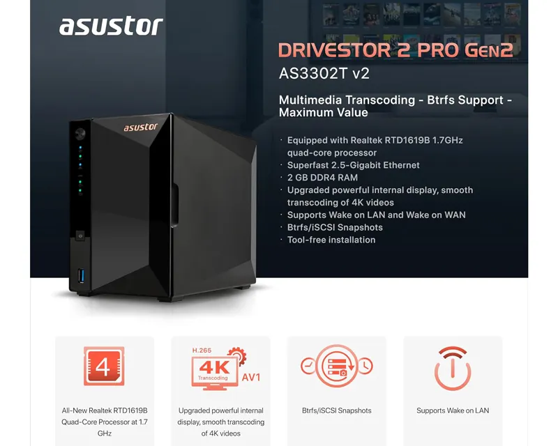 ASUSTOR NAS Storage Server DRIVESTOR 2 Pro AS3302T v2 Slika 5