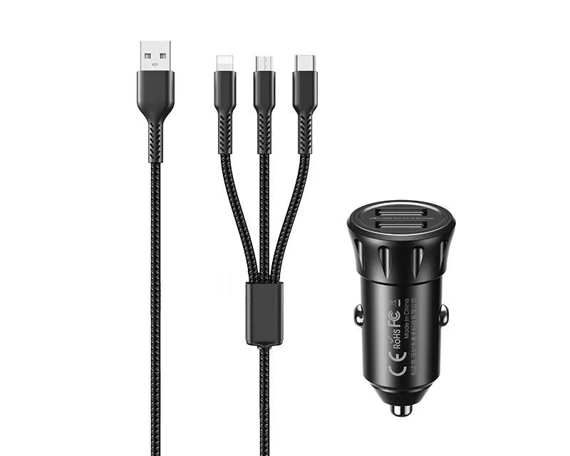 REMAX Auto punjač 2.4A 2xUSB+ kabl 3 u 1 RCC236, crni Slika 1
