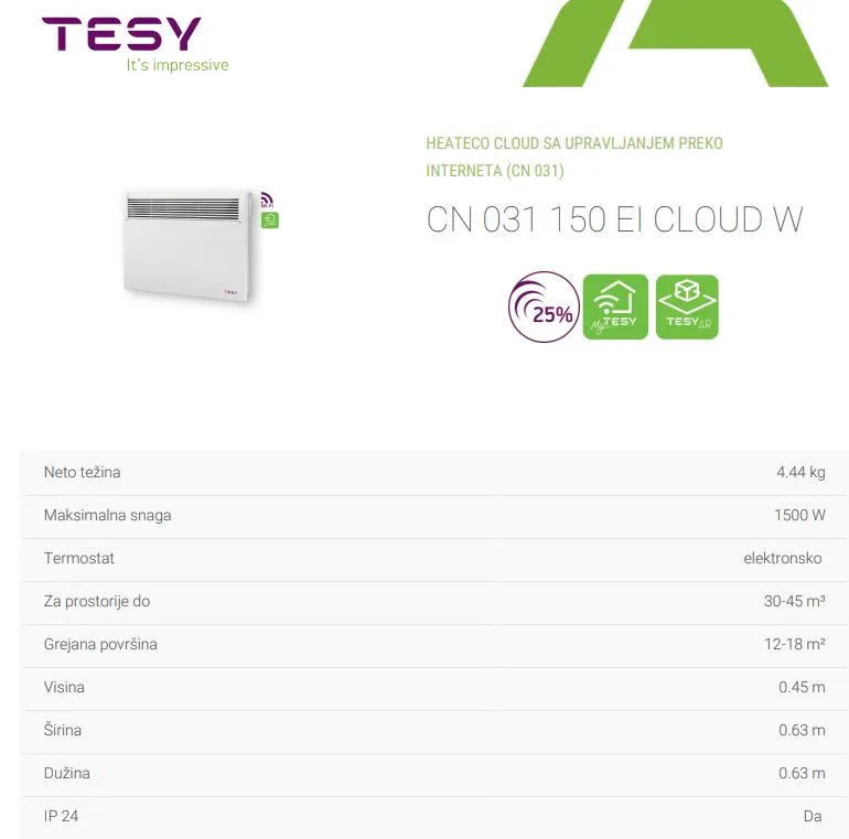 TESY CN 031 150 EI CLOUD W Wi-Fi pametni panelni radijator  Slika 3