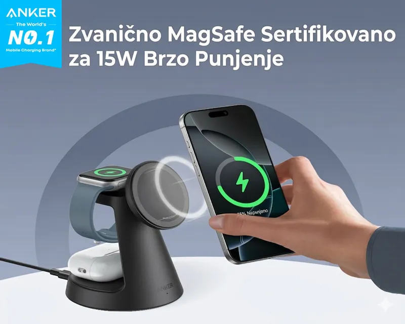 ANKER MagGo Bežični Dock Stand 3u1, sa kablovima i zidnim punjačem, crni  Slika 3