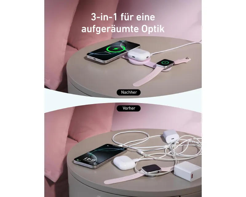 ANKER MagGo Bežični 3u1 sklopivi punjač roze Slika 4