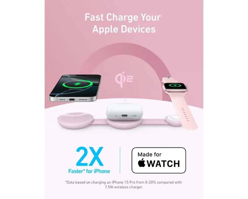 ANKER MagGo Bežični 3u1 sklopivi punjač roze Slika 6