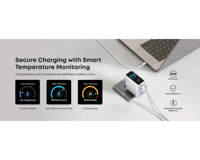 ANKER 140W GaN zidni brzi punjač, 4-porta (3x USB-C i 1x USB-A) sa USB-C M/M pletenim kablom, srebrni  Slika 5