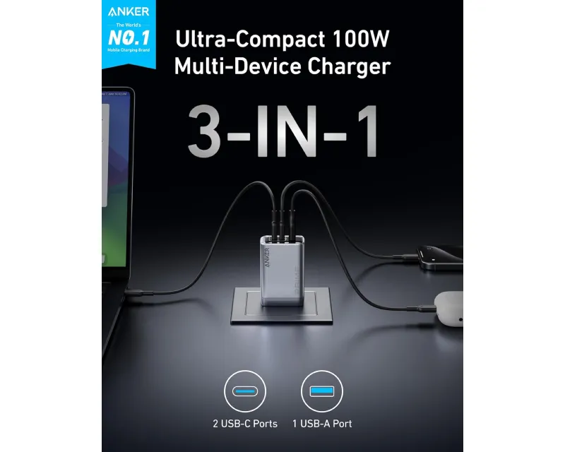 ANKER Prime 100W GaN zidni brzi punjač, 3-porta (2x USB-C i 1x USB-A) srebrni  Slika 3