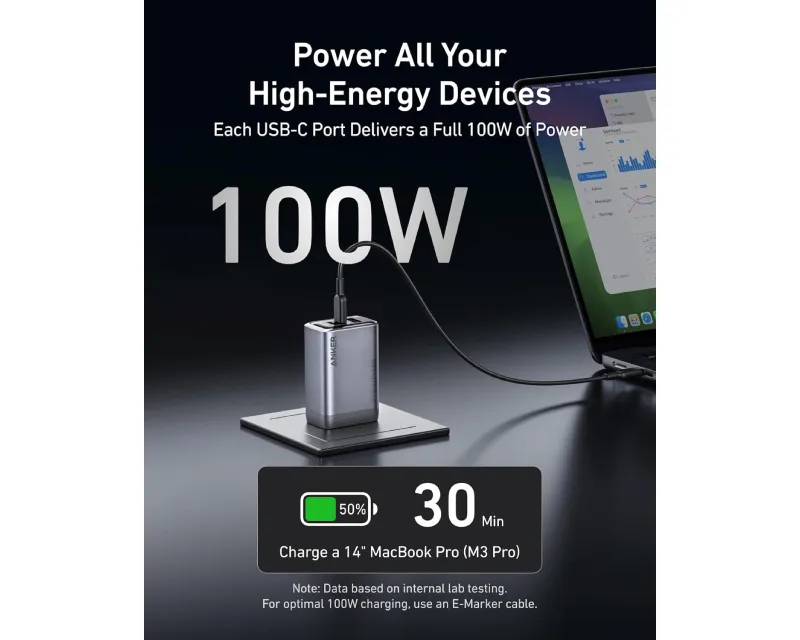 ANKER Prime 100W GaN zidni brzi punjač, 3-porta (2x USB-C i 1x USB-A) srebrni  Slika 6