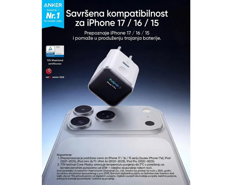 ANKER Nano 45W putni zidni punjač sa ekranom, USB-C port, beli  Slika 3