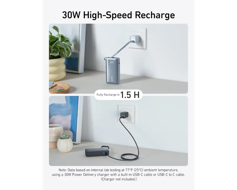 ANKER Nano 10000mAh, 30W, sa ugrađenim USB-C kablom, Power Bank crni Slika 5