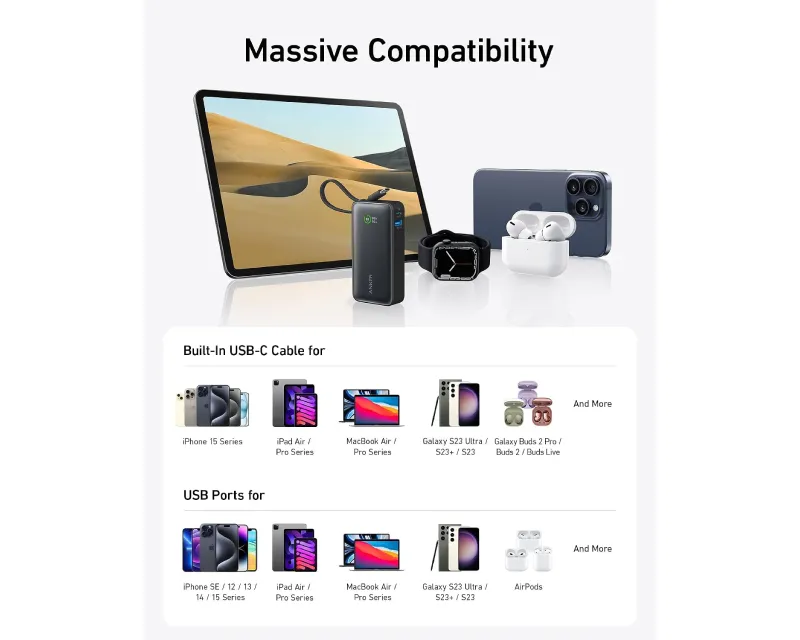 ANKER Nano 10000mAh, 30W, sa ugrađenim USB-C kablom, Power Bank crni Slika 6