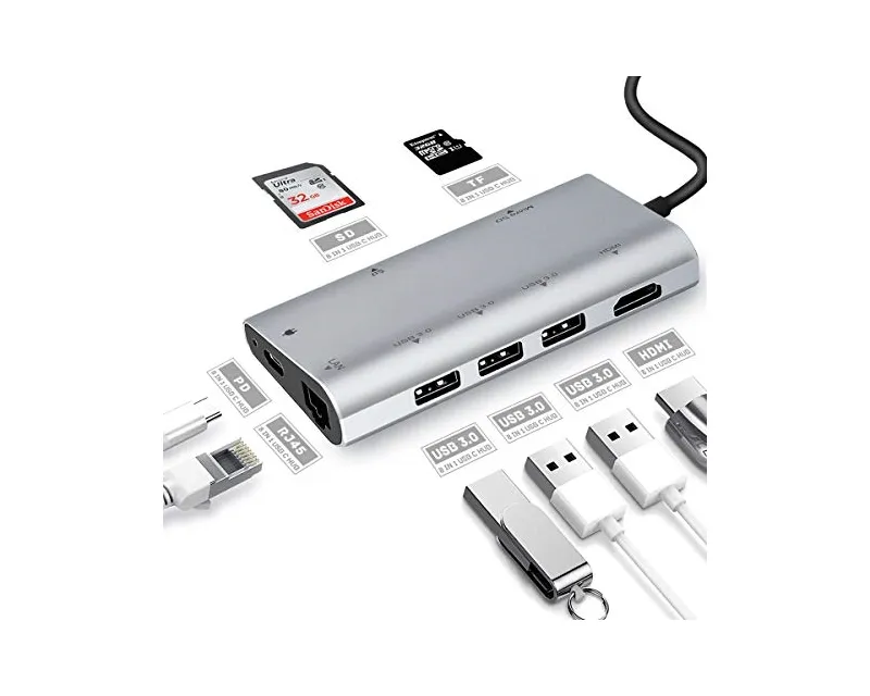FAST ASIA Adapter-konvertor TIP C na 3xUSB3.0+HDMI 4K+2xSD/MICRO+RJ45+TIP C Slika 1