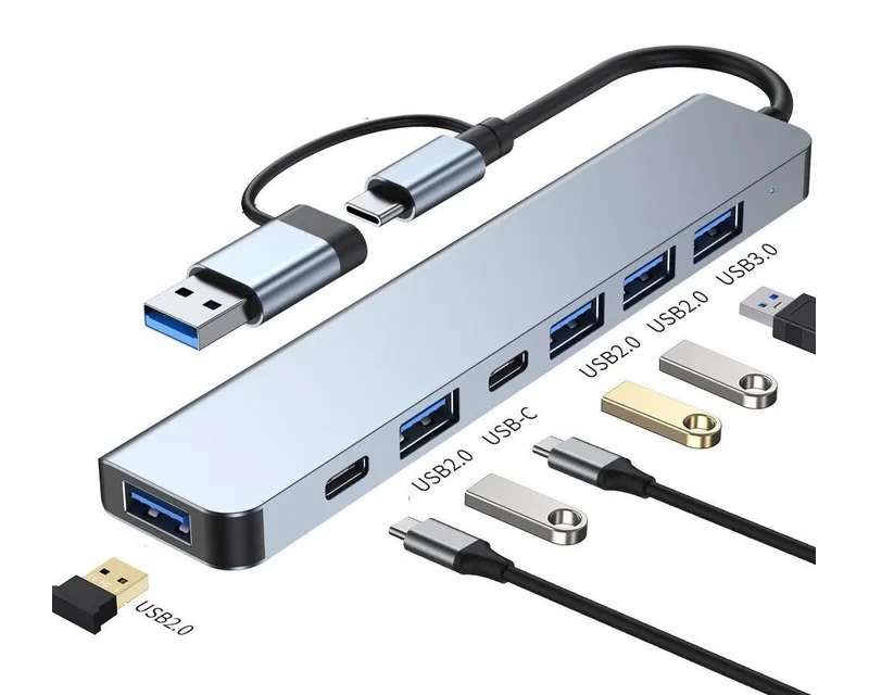 E-GREEN Adapter USB 3.0/USB 3.1 tip C (M) - USB 3.0 + 3 x USB 2.0 + 3.5mm audio + SD/TF + 1 x tip C (8 u 2) 