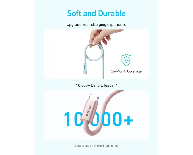 ANKER Zolo USB tip-C kabl M/M 1m, za Apple, super brzo punjenje 240W/480Mbps, pleteni, beli  Slika 6