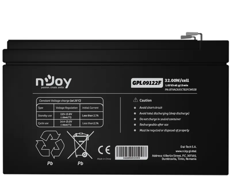 NJOY GPL09122F baterija za UPS 12V 9Ah (BTVACIUOCTB2FCW02B)  Slika 1