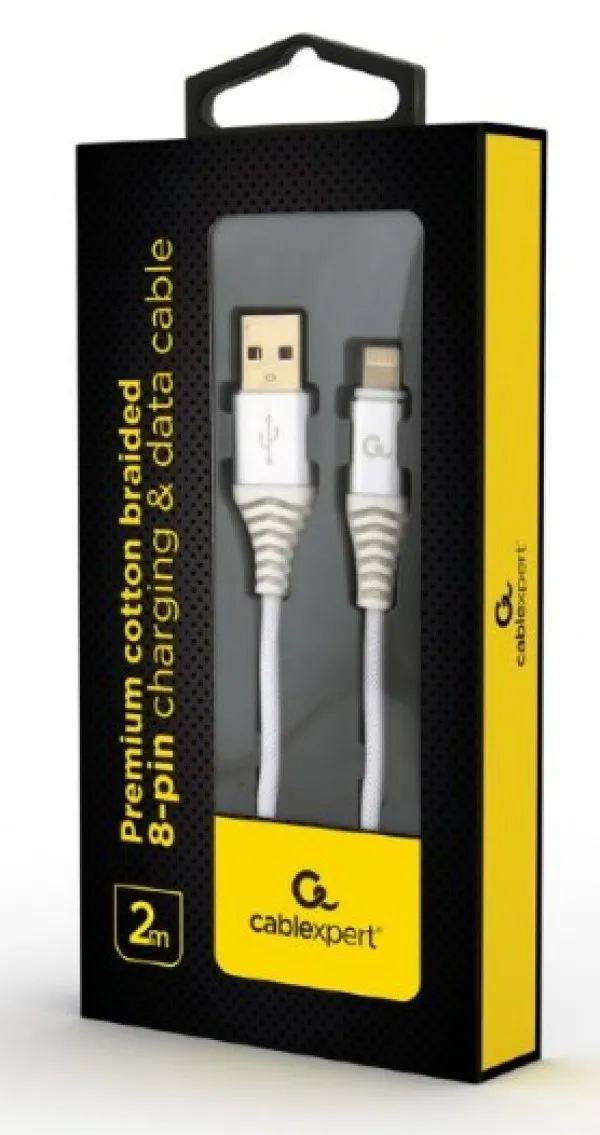 GEMBIRD CC-USB2B-AMLM-2M-BW2 Gembird Premium cotton braided 8-pin charging and data cable, 2m, silver/white Slika 2