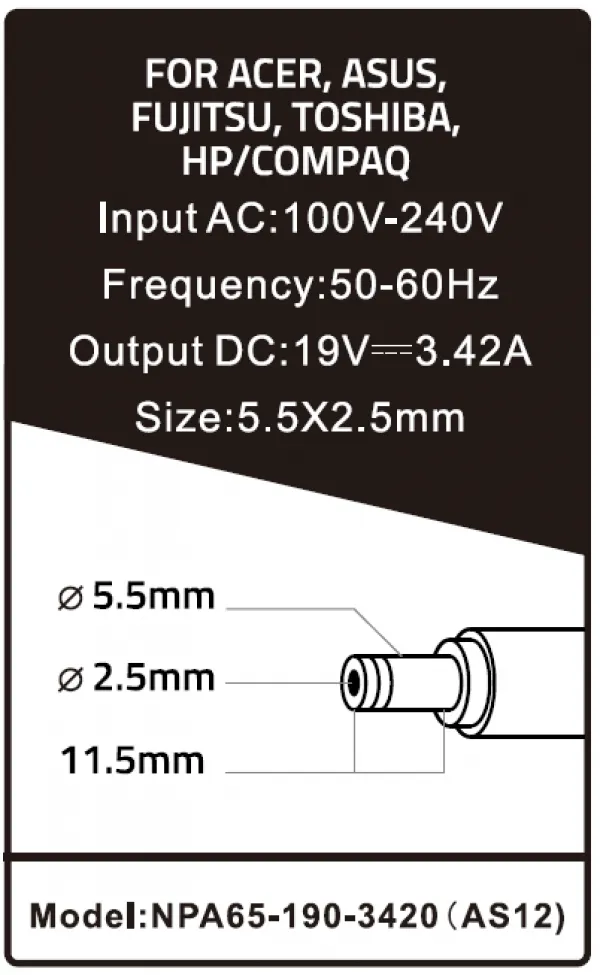 GEMBIRD NPA65-190-3420 (AS12)** Gembird punjac za laptop 65W-19V-3.42A, 5.5x2.5mm black (747 Alt=AS16) Slika 2