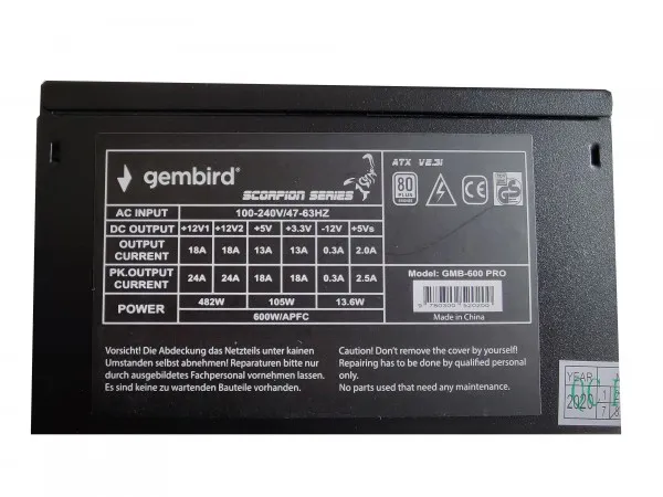 GEMBIRD GMB-600-PRO Gembird napajanje 600W 80+BRONZE, PFC,12cm FAN, 20+4pin, 2x4pin,2x 6+2pin, 5xSATA Slika 3