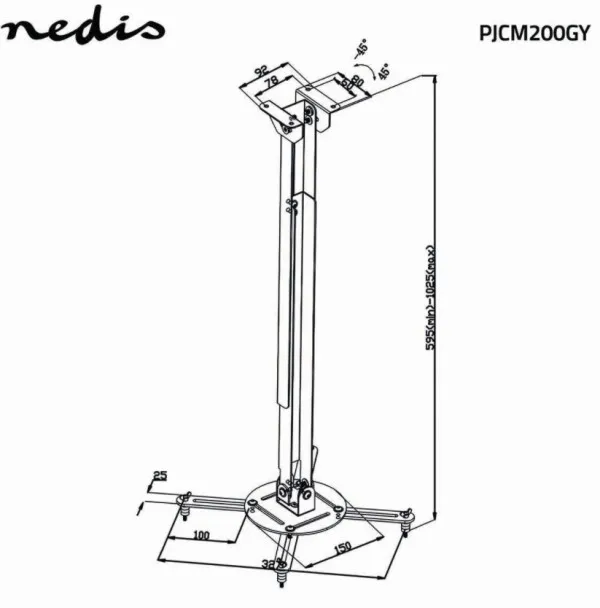 NEDIS PJCM200GY univerzalni plafonski nosac za projektor rotirajuci + tilt 90°, 550-1000mm Slika 10