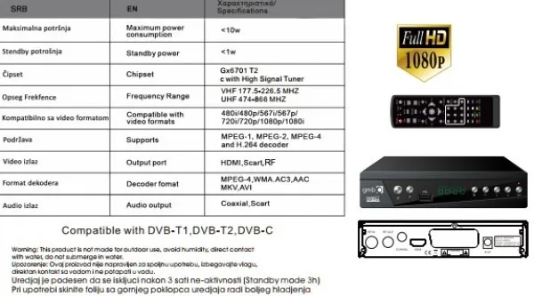 GEMBIRD GMB-TDT-033 ** DVB-T2/C SET TOP BOX USB/HDMI/Scart/RF-out, PVR, Full HD,H264, hdmi-kabl (1352) Slika 2