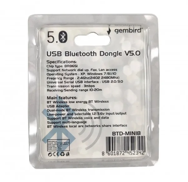 GEMBIRD BTD-MINI8 ** Gembird USB2.0/3.0  Bluetooth dongle v5.0, 2.4Ghz 3MB/s(24Mbps) 8dBm 20m BR8651(399) Slika 1