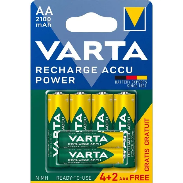 VARTA-567R2USO set od 6 PUNJIVE NiMH baterije 4xAA 2100mAh + 2xAAA 800mAh, Ready2use, cena po 1 kom. - Image 1