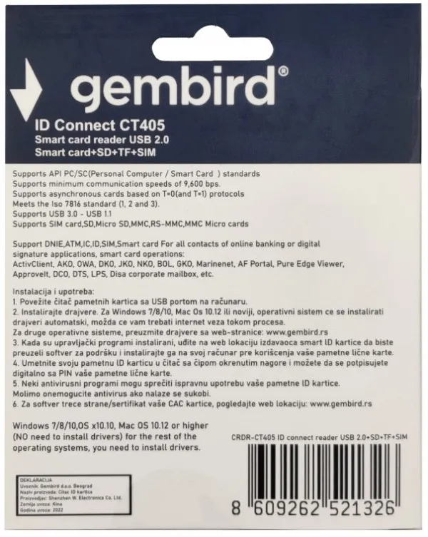 GEMBIRD CRDR-CT405 ** Smart card reader USB2.0 Citac licne karte, sobracajne bank. +SD+TF+SIM reader (959)- Slika 4