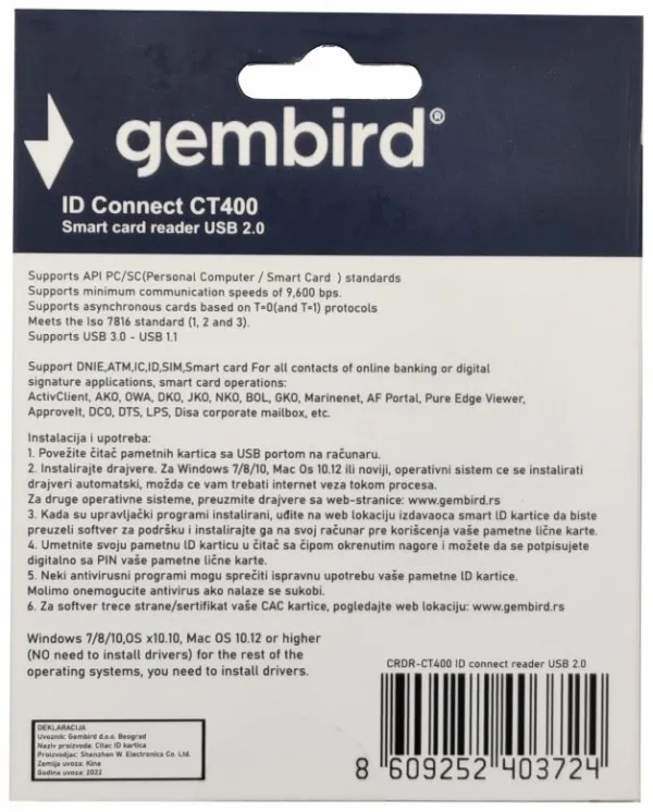 GEMBIRD CRDR-CT400 ** Gembird Smart card reader USB 2.0 Citac za licne karte, saobracajne, bankarske (599) Slika 2