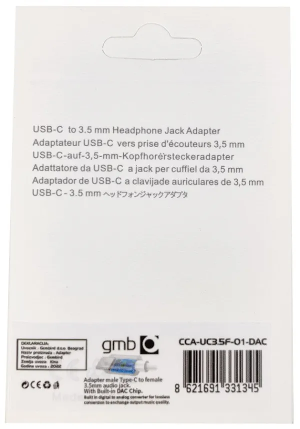 GEMBIRD CCA-UC3.5F-01-DAC Gembird headphone adapter Type-C to 3.5mm adapter with retail box FO Slika 3