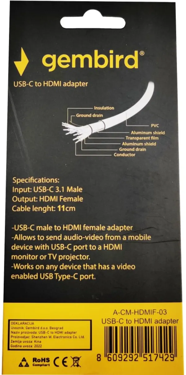 GEMBIRD A-CM-HDMIF-03 ** Gembird TYPE-C TO HDMI 11cm CABLE (alt.A-CM-HDMIF-01, A-USB3C-HDMI-01 479) - Image 3