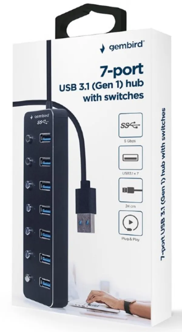 UHB-U3P7P-01 Gembird 7-port USB 3.1 (Gen 1) hub with switches, black Slika 4