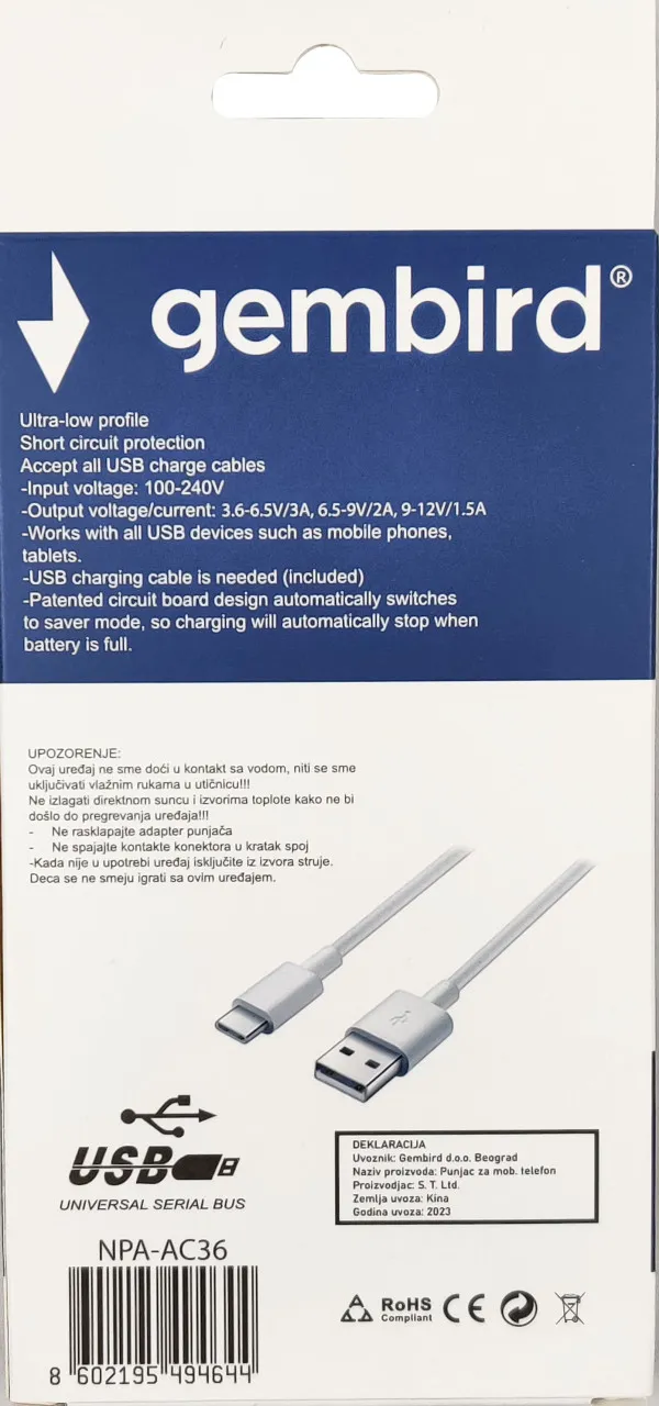 GEMBIRD NPA-AC36 ** Gembird QC3.0 brzi punjac +Type C USB kabl,18W 3.6-6.5V/3A, 6.5V-9V/2A, 9V-12V/1.5A(351) Slika 4