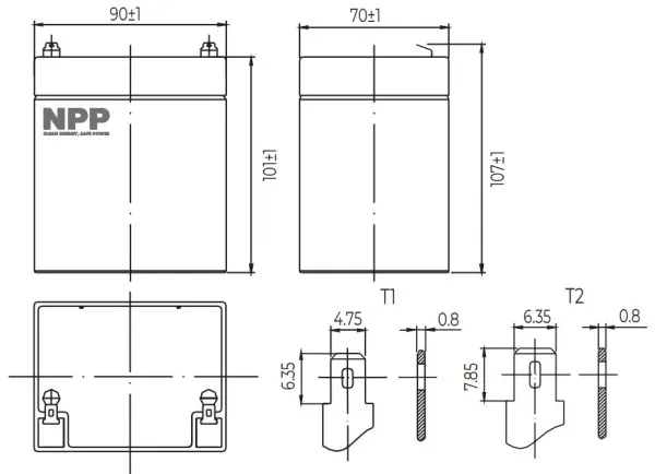 NPP NP12V-4.5Ah, AGM BATTERY, C20=4.5AH, T1, 90x70x101x107, 1,5KG, BLACK Slika 2